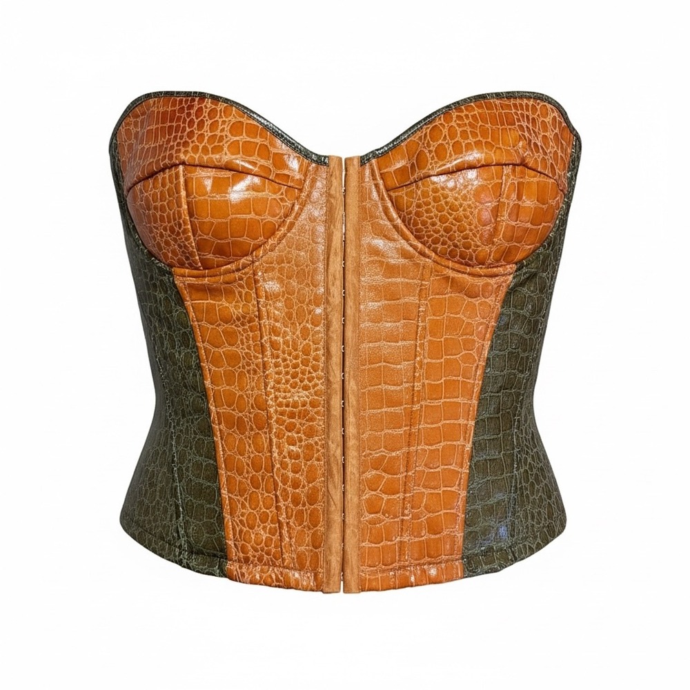 Carmin Croc Embossed Corset Women 1X Brown Green Faux Leather Hook Eye Bustier